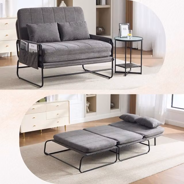 Divano 2 posti con cassetti ¨C Minimal ¨C Grigio tessuto chenille struttura metallo