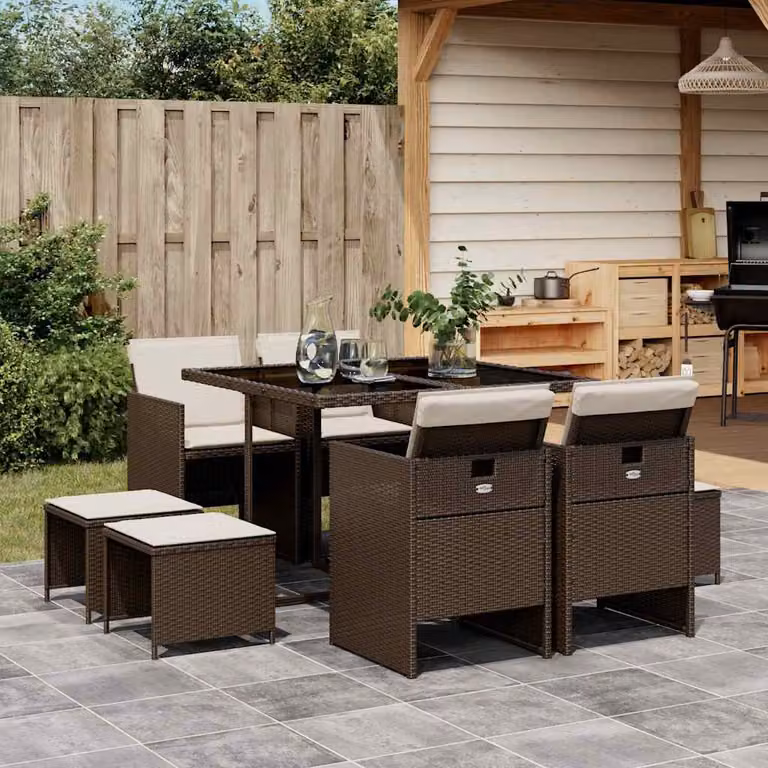 Set da Pranzo da Giardino vidaXL in Polyrattan Marrone con Tavolo in Vetro e 9 Sedute con Cuscini