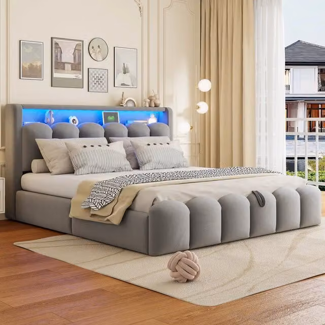 Letto Contenitore REDOM in Velluto Grigio con Porte USB, USB-C e Illuminazione LED, L/P: 180 x 200 cm