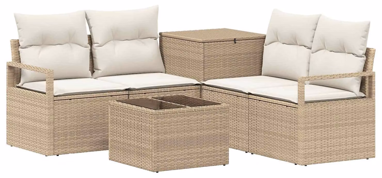 Set di divani da esterno, 6 pezzi. Colore: beige e crema. Materiali: rattan sintetico e acciaio