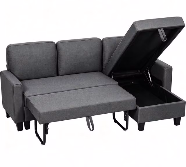 Divano angolare a L con chaise longue convertibile, funzione letto e contenitore, 3 posti, tessuto effetto lino, salvaspazio per casa e soggiorno