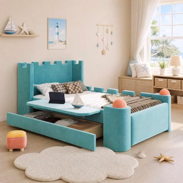 Letto singolo 90x200 cm blu verde in tessuto, con cassetto e ripiano pieghevole