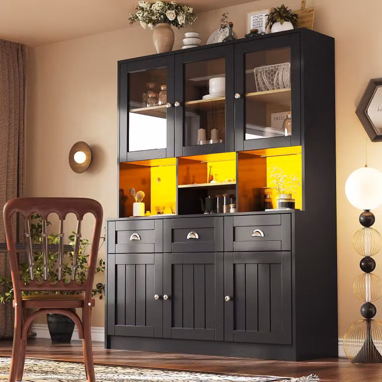 okwish Armadio alto, buffet, mobile da cucina con illuminazione LED variabile, vetrina Armadio da cucina con ripiani regolabili, nero