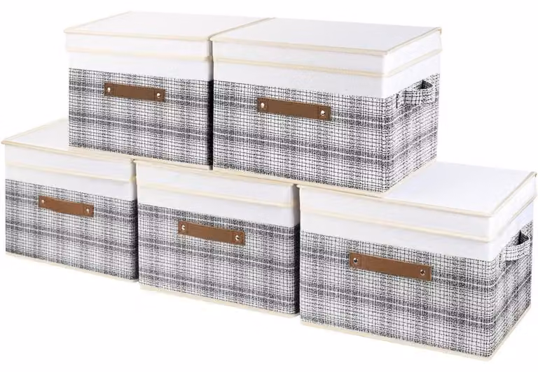 Contenitore pieghevole con coperchio, design patchwork, tessuto, grigio e bianco, confezione da 5 pezzi, dimensioni 38x25x25 cm