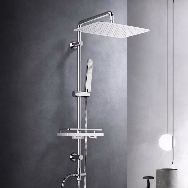 Set doccia a pioggia - Sistema doccia con ripiano - Acciaio inossidabile - 35 x 25 cm - Cromato - Senza miscelatore, tubo flessibile 150 cm