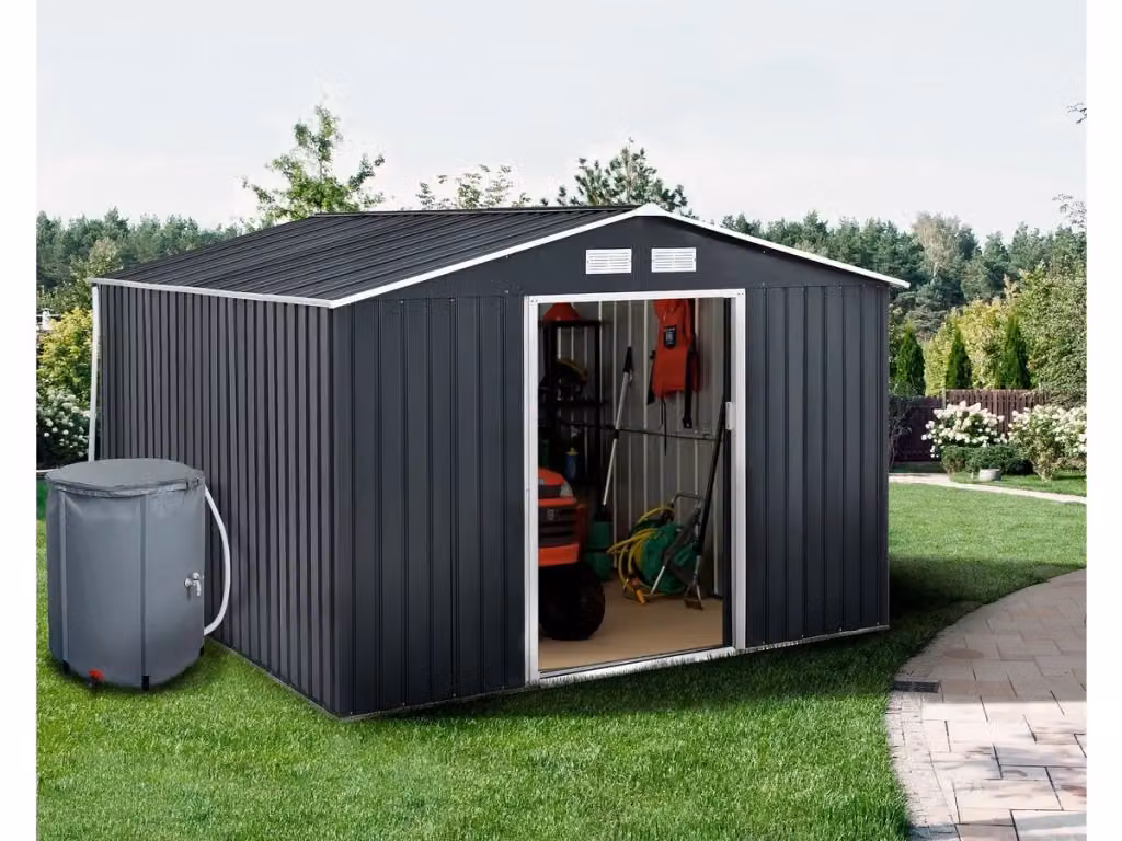 Capanno da giardino in metallo Vegas HABITAT ET JARDIN antracite e grigio con grondaia e serbatoio per il recupero dell'acqua, superficie 12,98 m² – 2