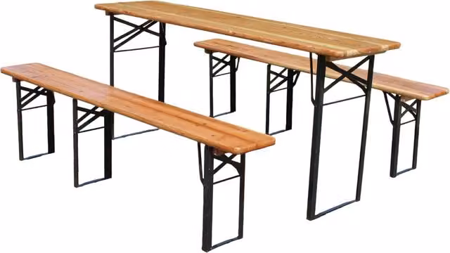 Set tavolo e sedie da esterno 1 tavolo pieghevole + 2 panche con struttura rinforzata in legno e metallo naturale