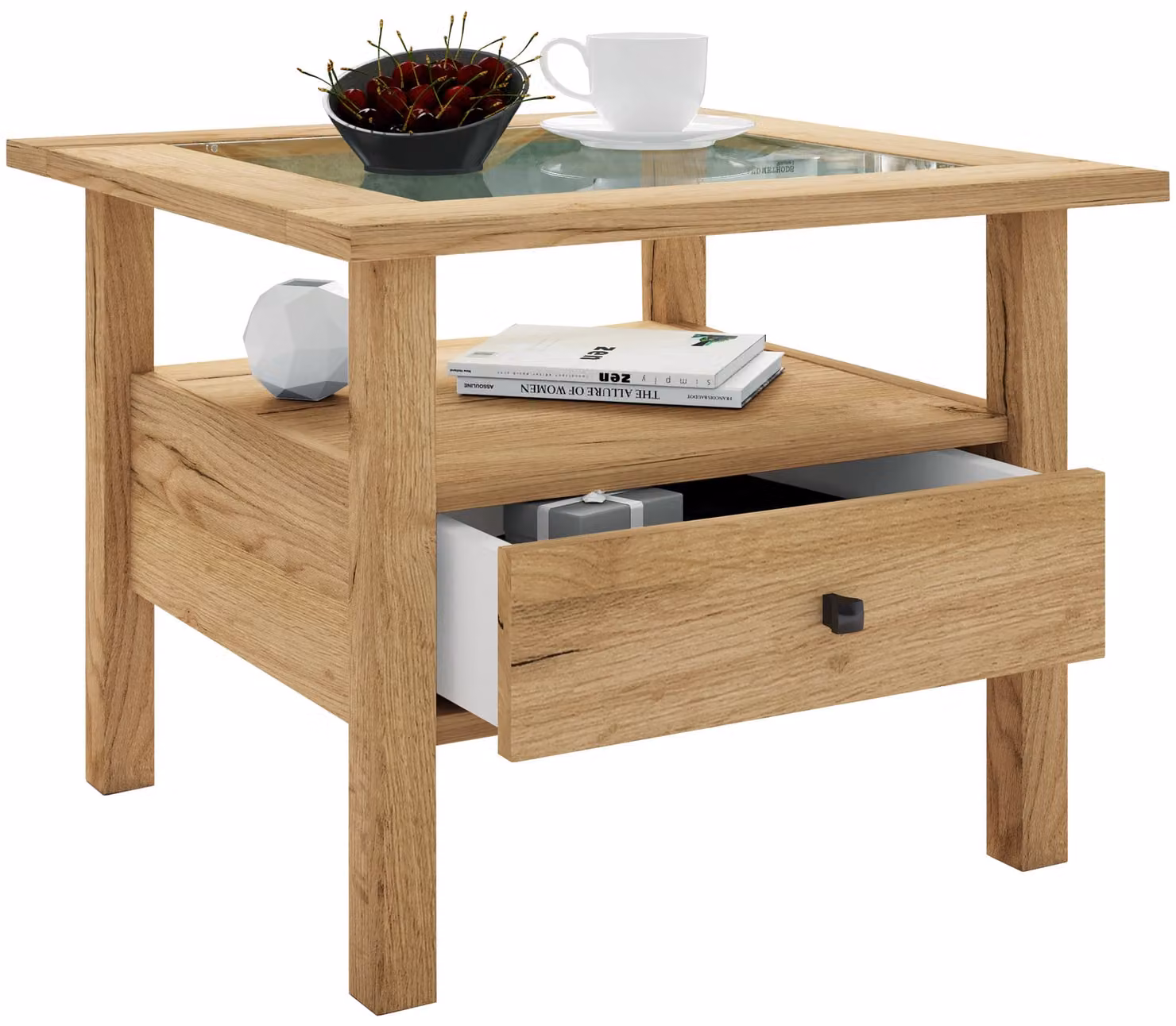 Tavolino in legno con vetro di sicurezza ESG | Tavolino semplice | Dimensioni ca. H. 42 x W. 54 x D. 54 cm | Tavolo soggiorno con cassetto | Divano - Lingis M