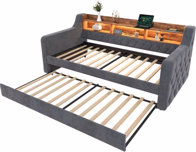 Divano letto salvaspazio 90x190 cm in velluto con contenitore, illuminazione LED e porta USB-C, struttura in legno e metallo