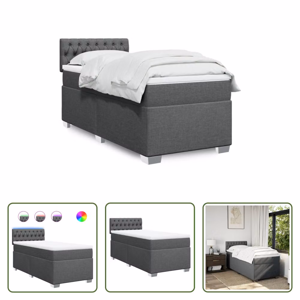 The Living Store Letto a molle con materasso grigio scuro 90x190 cm in tessuto