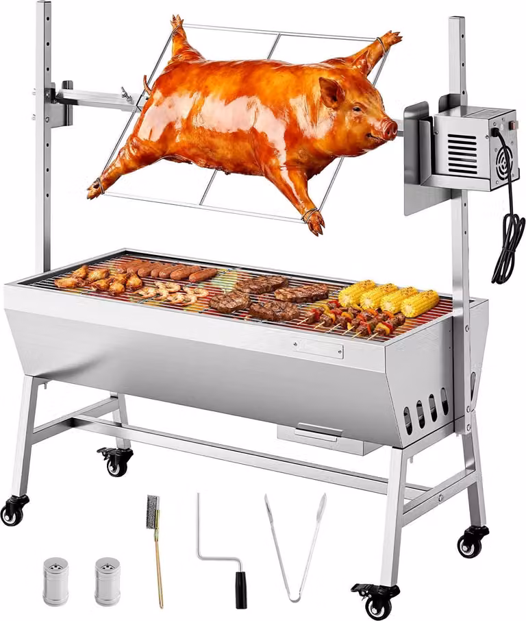 Griglia a carbone con girarrosto - Griglia per maialetti e agnelli - Lunghezza griglia 94 cm - Capacità di carico 60 kg - Motore 38 W - Regolabile in altezza in 7 posizioni - Acciaio inossidabile - Con ruote