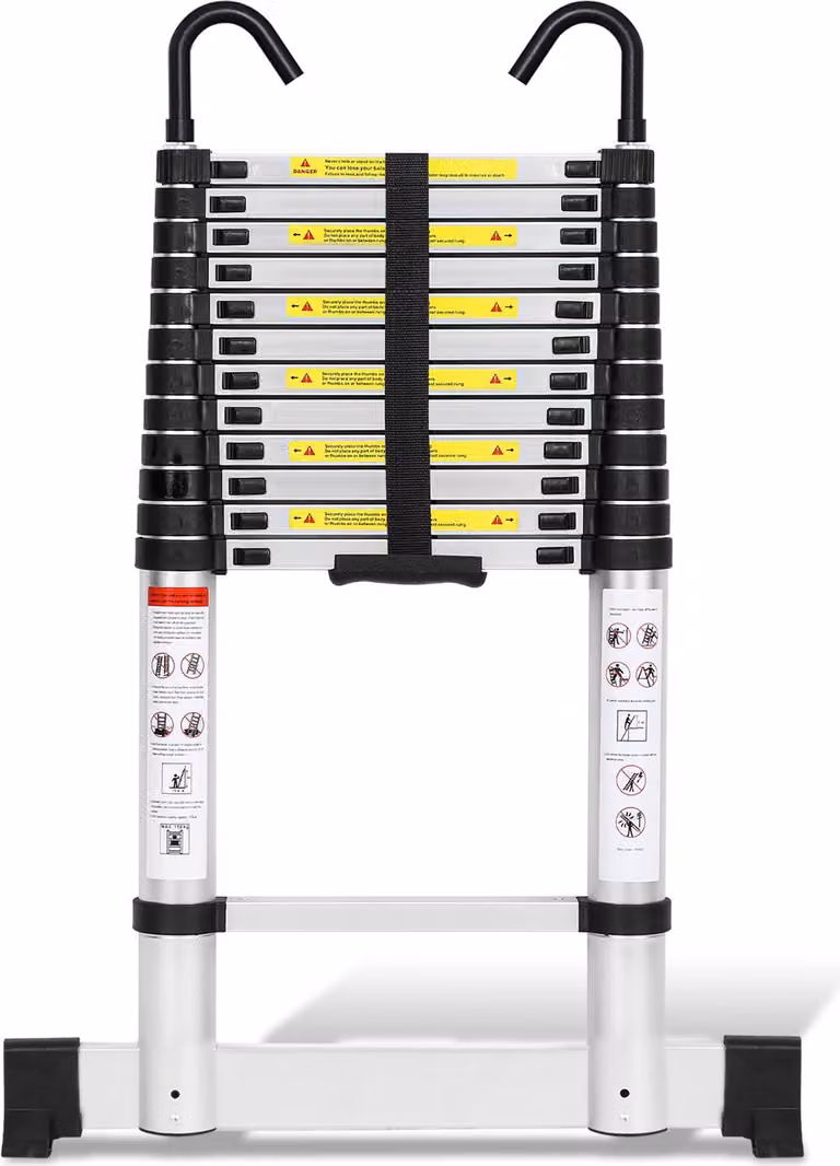 Scala telescopica professionale Jayseuw 3,8 m in alluminio argento portata 150 kg scala multiuso piedini in gomma antiscivolo con stabilizzatore e ganci rimovibili