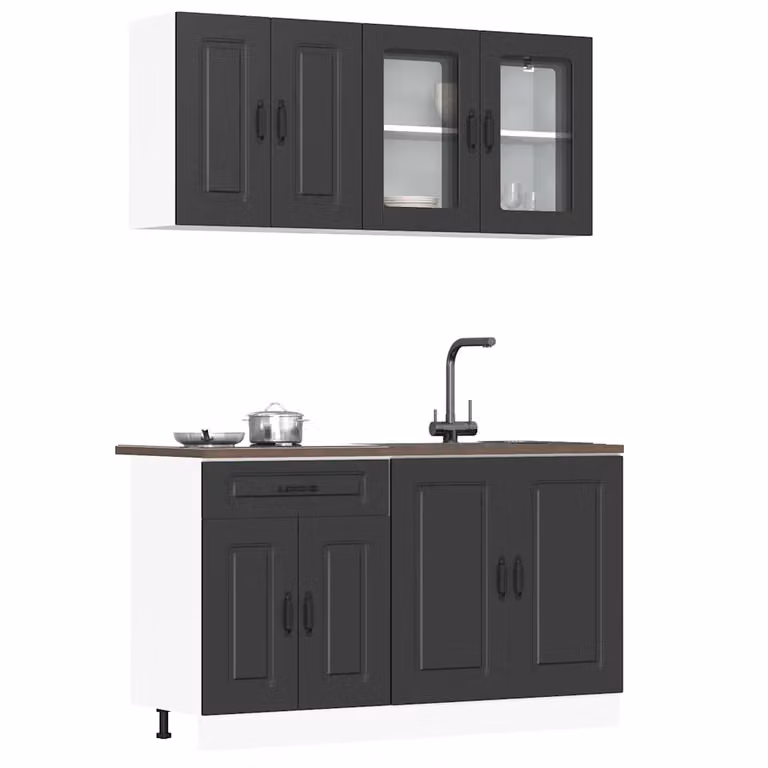Set di mobili da cucina moderno vidaXL Kalmar composto da 4 pezzi in legno e vetro nero opaco L/P/H: 81,5 x 46,0 x 80,0 cm