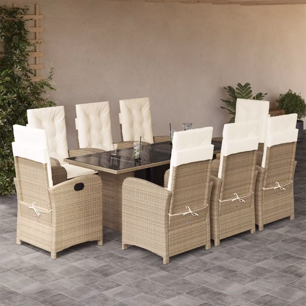 Set da Pranzo da Giardino vidaXL in Polyrattan da 9 Pezzi con Cuscini Beige e Tavolo in Vetro – 1