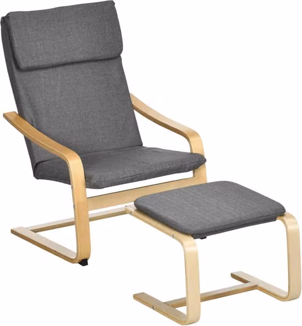 Poltrona con poggiapiedi Xylo in tessuto lino grigio e legno massello naturale