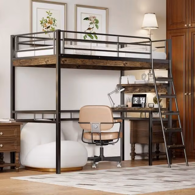 Letto a soppalco 90x200 cm nero metallo e MDF con scrivania e ripiani
