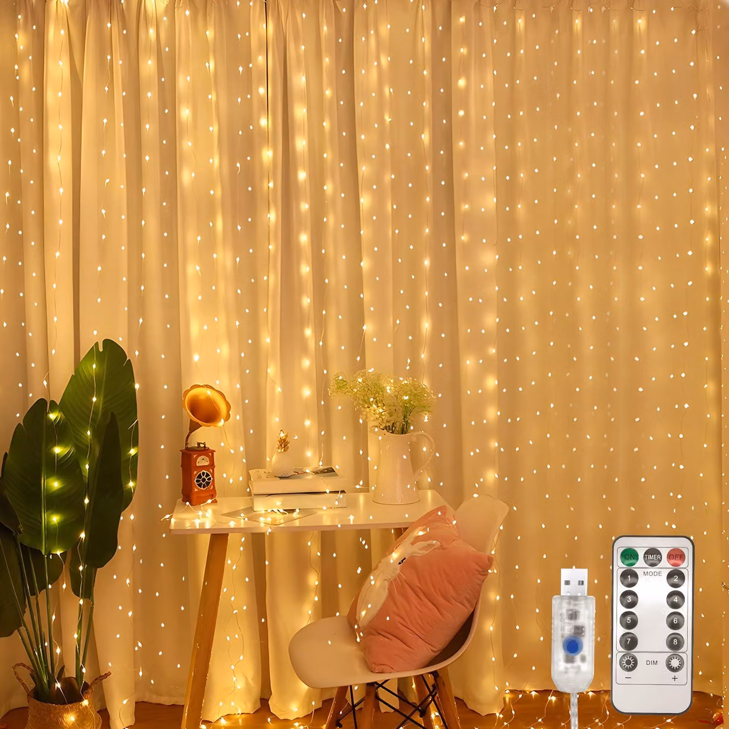 Luci a LED a cascata, dimensioni 3,6 x 3 metri, 360 LED, alimentazione USB, 8 modalità, luce bianco caldo