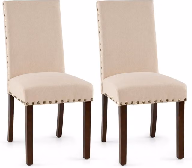 Set di 2 sedie da pranzo imbottite gambe in legno massello e piedini regolabili, Sedie da cucina con schienale alto Beige