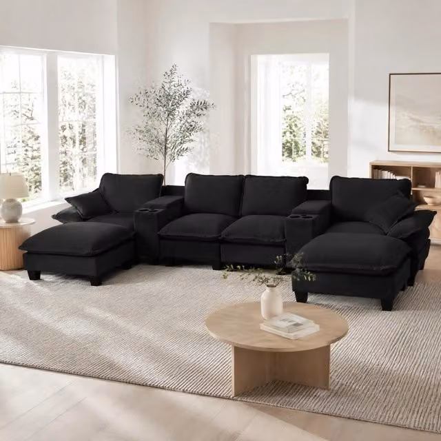 Divano modulare a U OKWISH in ciniglia nera con vani contenitore, portabicchieri, ricarica USB, 2 pouf e cuscini, L: 392 cm, P: 151 cm, H: 90 cm