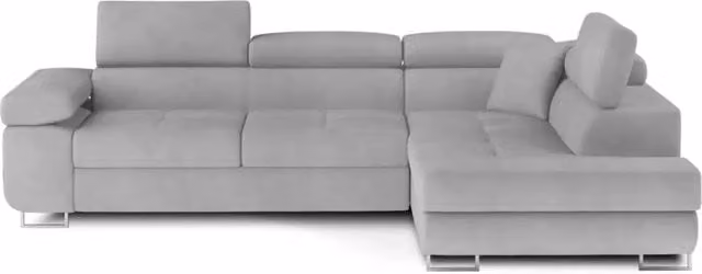 Divano angolare convertibile MENTON MEUBLORAMA grigio in velluto con angolo destro, funzione letto e poggiatesta regolabile, L 272 cm x P 145 cm x H 85 cm