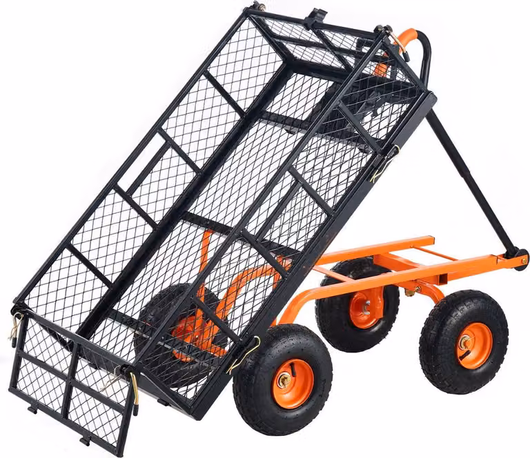 Carrello di trasporto versatile, dotato di grandi pneumatici, pareti laterali removibili e progettato per un trasporto sicuro