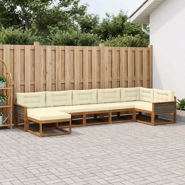 Set di divani da esterno vidaXL 7 pz a forma di L in legno di acacia con cuscini, beige e marrone