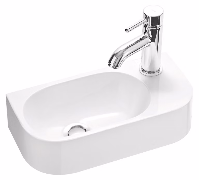 Lavabo per bagno ospiti PARK 40x20 cm in resina minerale, per montaggio a parete o da appoggio, con foro per rubinetto a destra