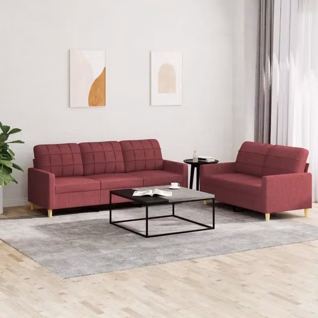 Set di divani vidaXL da soggiorno composto da un divano a 2 posti e un divano a 3 posti in tessuto rosso con cuscini inclusi – 1