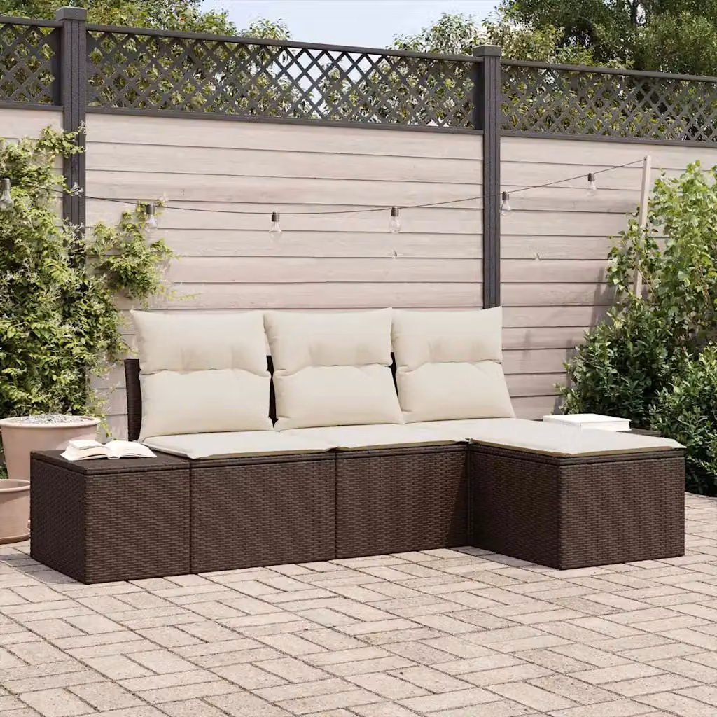 Set Divano da Giardino vidaXL 4 Pezzi a Forma di L con Tavolino e Pouf, Marrone e Beige, Struttura in Metallo e Polyrattan con Cuscini Inclusi – 1