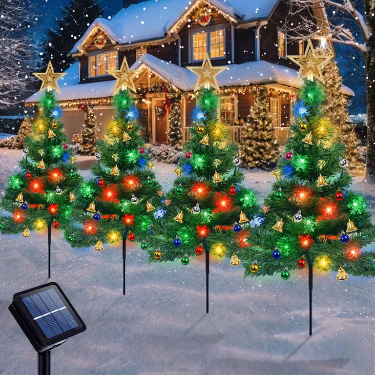 Set di 4 alberi di Natale solari, con 80 LED colorati a forma di fiocchi di neve