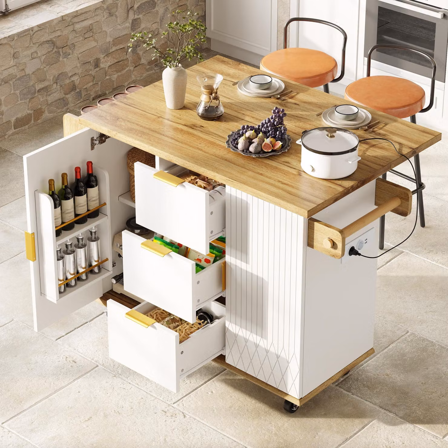 Carrello da cucina MODFU su ruote, isola da cucina con piano di lavoro ribaltabile e presa di corrente, carrello di servizio con vano portaoggetti, mobile da cucina con cassetti, bianco