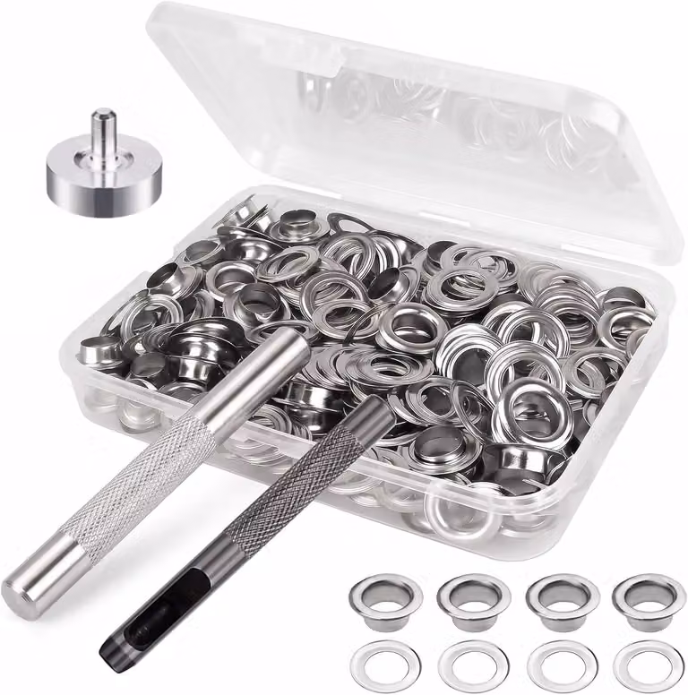 Set di anelli metallici da 6 mm, confezione da 100 pezzi, completo di attrezzo, per tende e teloni