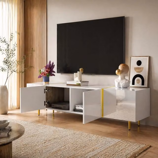 Mobile TV moderno MODFU in MDF bianco lucido e oro con 4 ante e chiusura soft-close L: 170 cm, P: 35 cm, H: 46 cm – 1