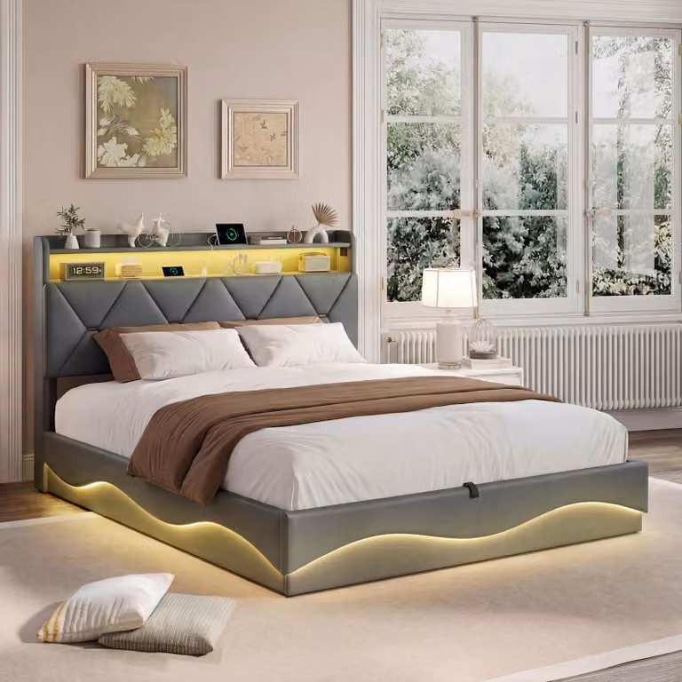 Letto imbottito ProximaX 160x200 cm, velluto grigio, vano contenitore idraulico, testiera con illuminazione a LED e ripiano, stazione di ricarica USB