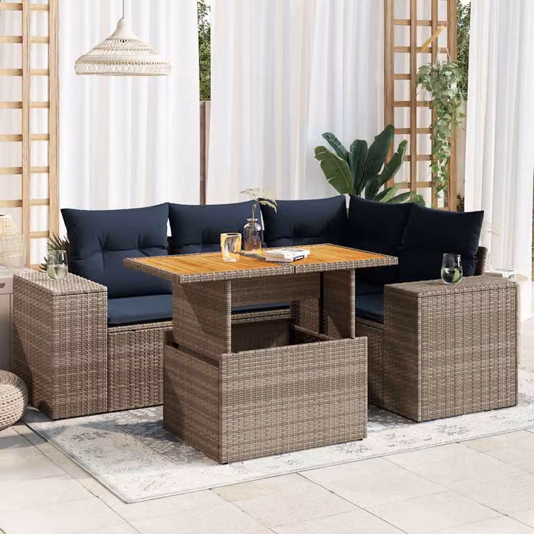Set Divano da Giardino vidaXL 5 pz a Forma a L con Cuscini Grigio e Blu in Polyrattan e Acciaio