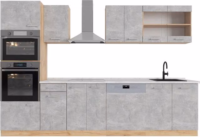 Cucina componibile moderna Vicco R-Line Calcestruzzo e Rovere dorato con armadio alto e piano in marmo, L: 300 cm