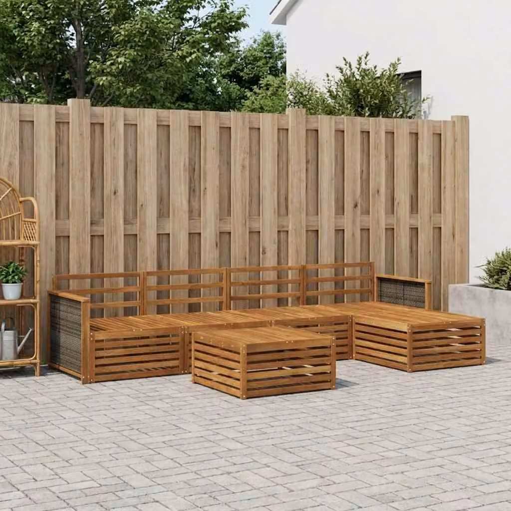 Set di divani da esterno a L vidaXL in legno di acacia massello marrone con 6 pezzi, tavolo da caffè e pouf inclusi
