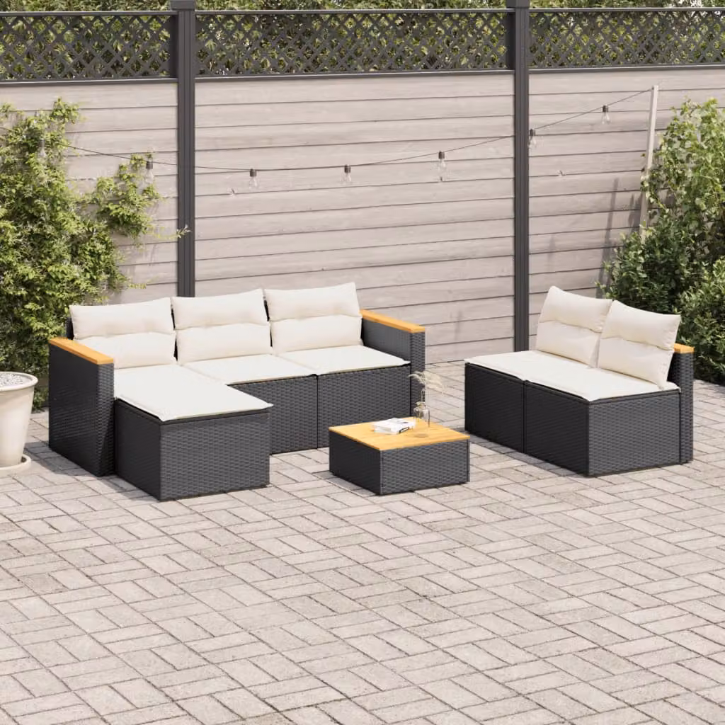 vidaXL Set Divani da Giardino a L con Cuscini in Polyrattan e Legno di Acacia Nero – 1