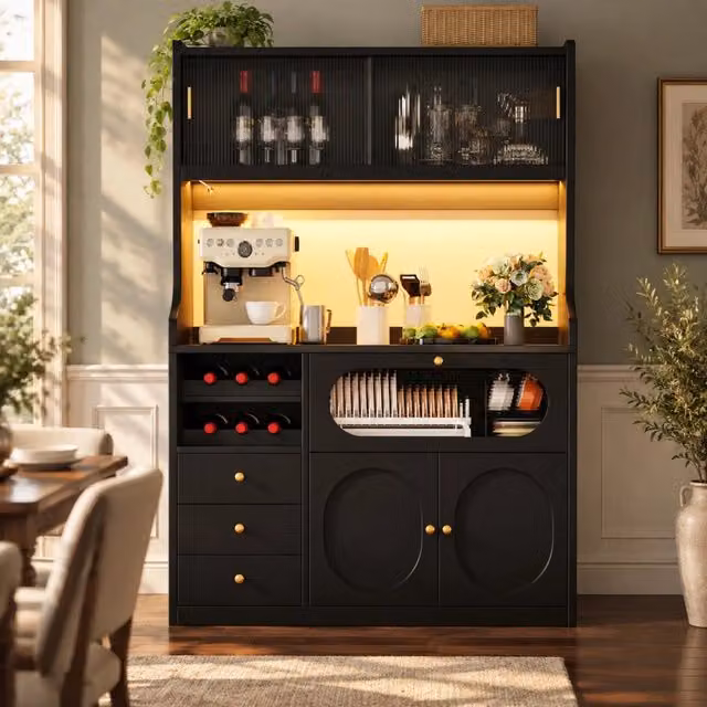 Mobile da cucina alto 120 cm nero con LED RGB, vetrina, portabottiglie e cassetti