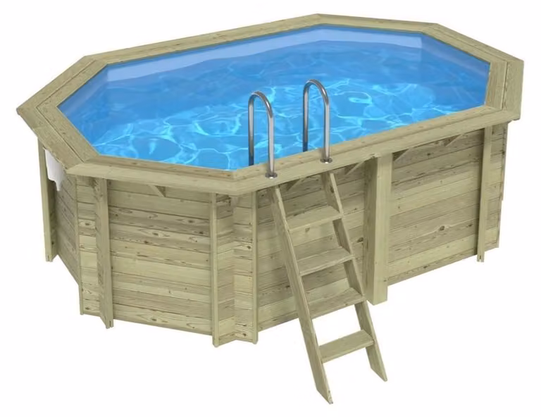 Piscina in legno NEMO 4.3 x 3 - H.1.31 m, azzurro chiaro, con supporti fissati al calcestruzzo