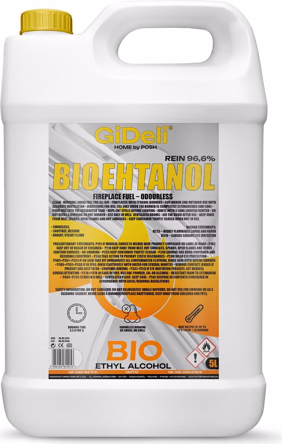 Bioetanolo inodore 96,6% 5L per caminetti universali senza fumo e senza fuliggine GiDeli