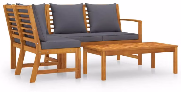 Set da giardino composto da 4 pezzi - Realizzato in legno di acacia massello, colore grigio scuro - Include un tavolino da caffè - Cuscini in poliestere