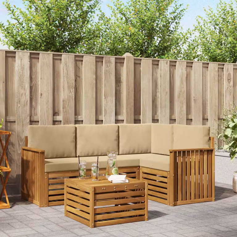 Set di divani da esterno vidaXL a forma di L con tavolo da caffè, struttura in legno di acacia e cuscini beige e marroni