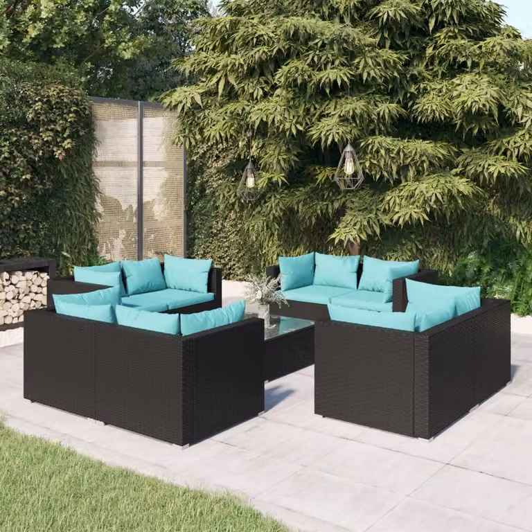 The Living Store Set da giardino 9 pezzi con cuscini in poly rattan nero