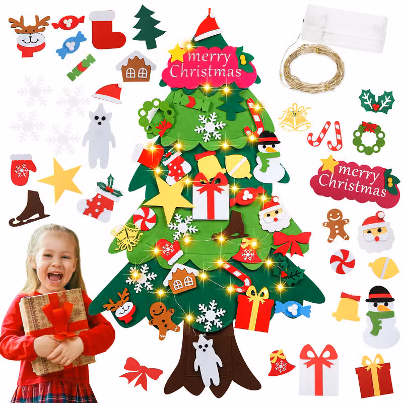 Clanmacy Albero di Natale in feltro, 33 PCS Albero di Natale in feltro per bambini, Albero di Natale in feltro fai da te, con luci a led per bambini Regalo di Natale Albero di Natale in feltro