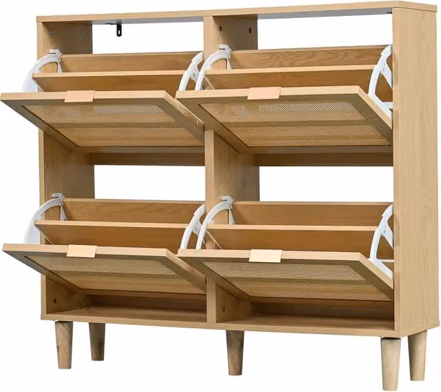 Scarpiera in rattan con 4 ante a ribalta, struttura in truciolato effetto quercia, maniglie e gambe in legno, 100x25x90 cm