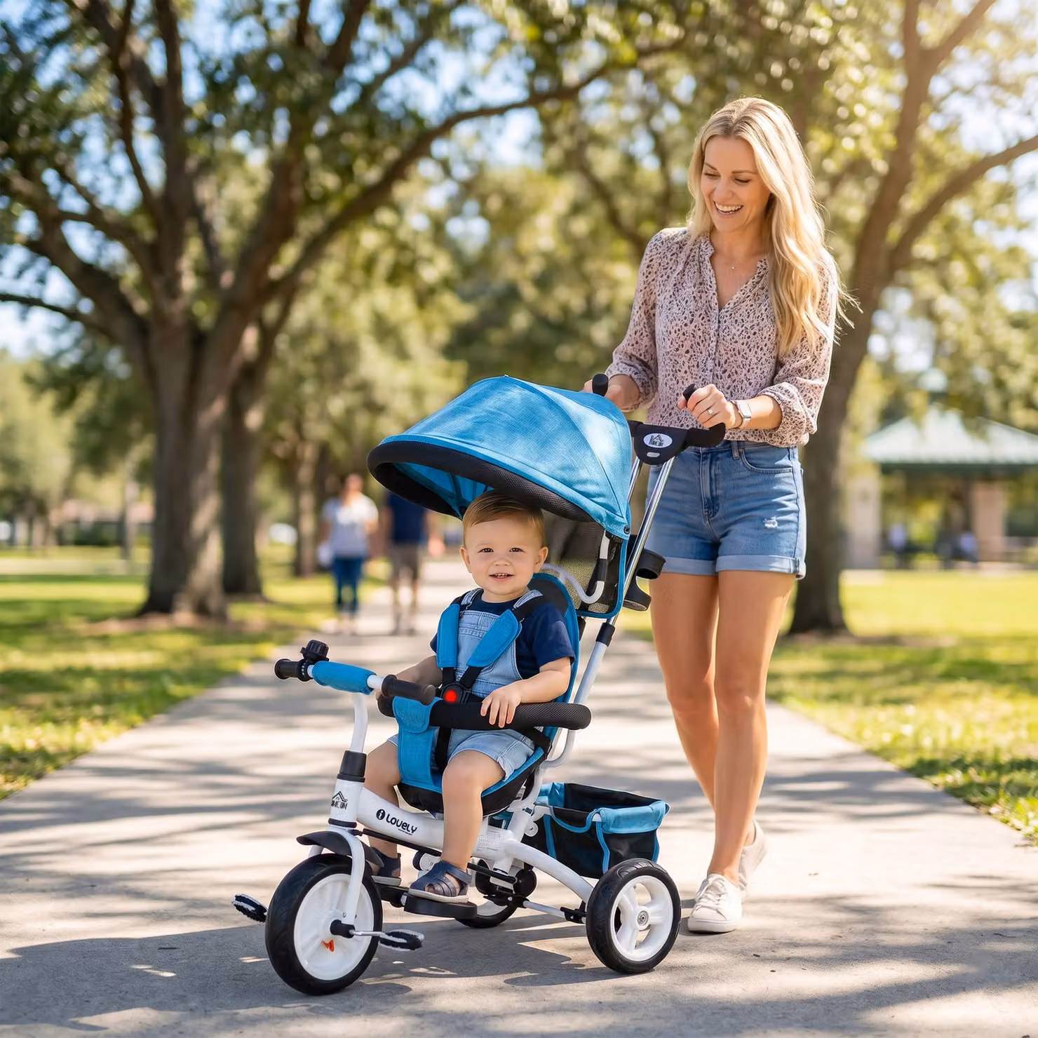Triciclo per bambini HOMCOM 6 in 1 con maniglione, tettuccio regolabile e cintura di sicurezza, blu – 2