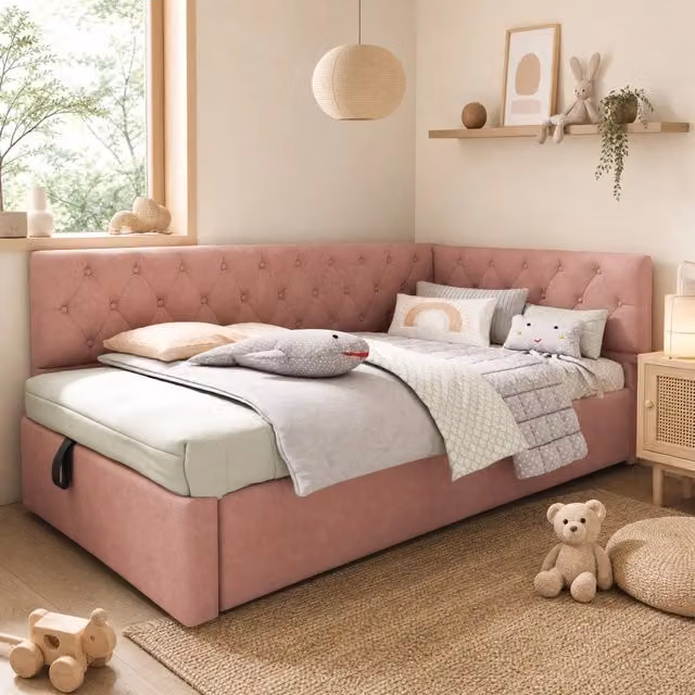 Letto imbottito singolo 90x200 cm in velluto rosa con contenitore idraulico e rete a doghe in legno