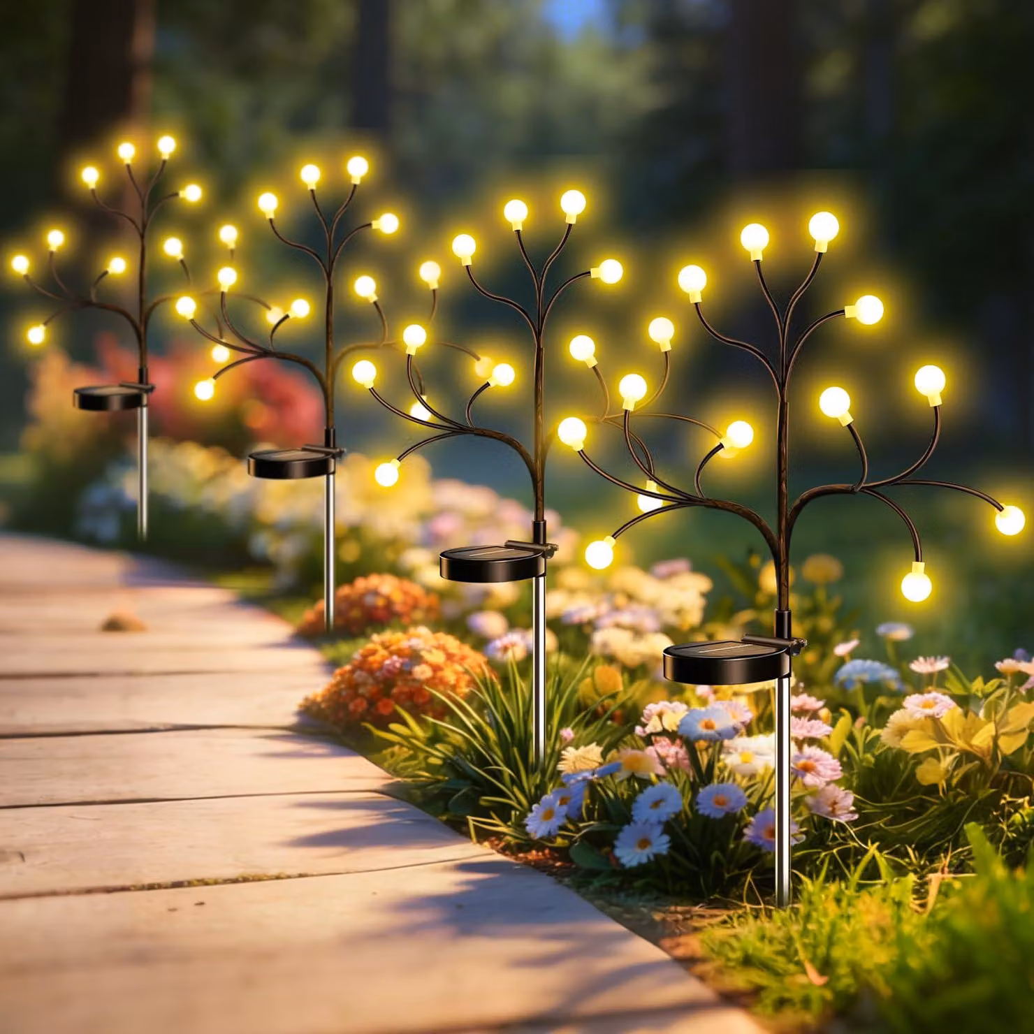 Lampade da giardino solari, set da 4, con 12 LED, a forma di albero, grado di protezione IP65, flessibili