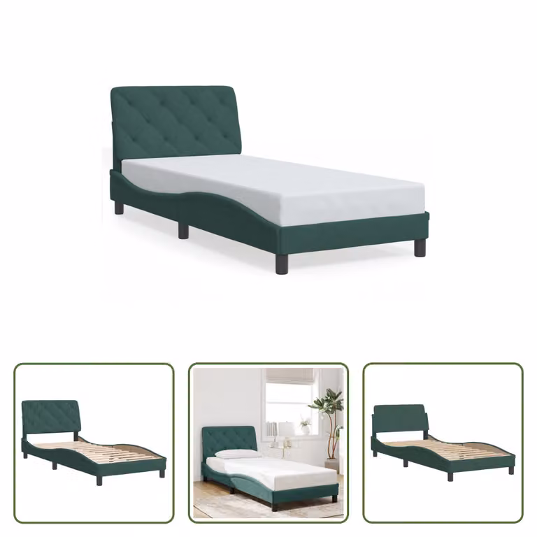 The Living Store Struttura letto con testiera in velluto verde scuro 90x190 cm